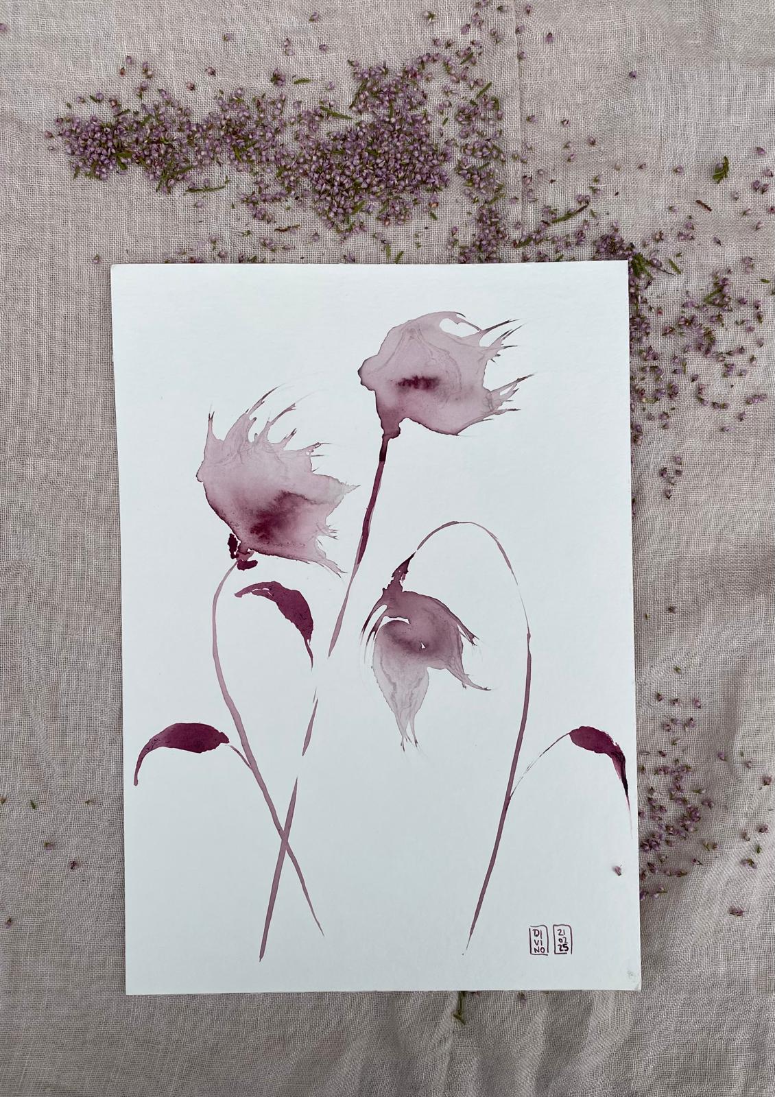 Fleurs dans le vent - Aquarelle au vin (VENDU) — aquarelle au vin rouge — Art DiVino, La Londe-les-Maures
