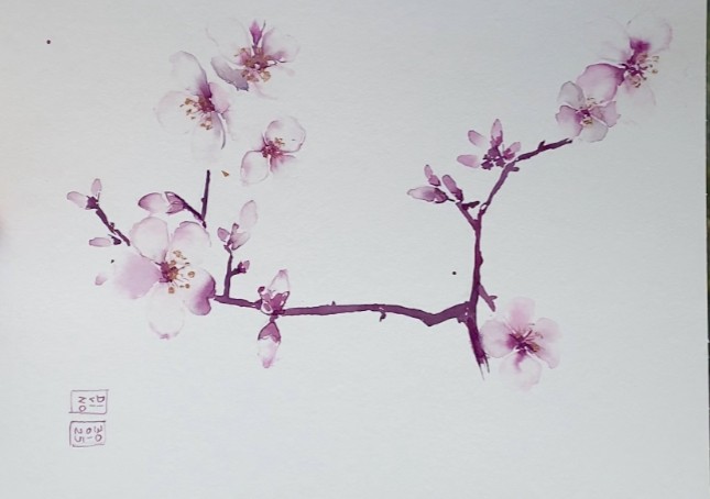 vendu / reproduction d'art possible Branche de Ceriser - Aquarelle au vin (VENDU) — aquarelle au vin rouge — Art DiVino, La Londe-les-Maures