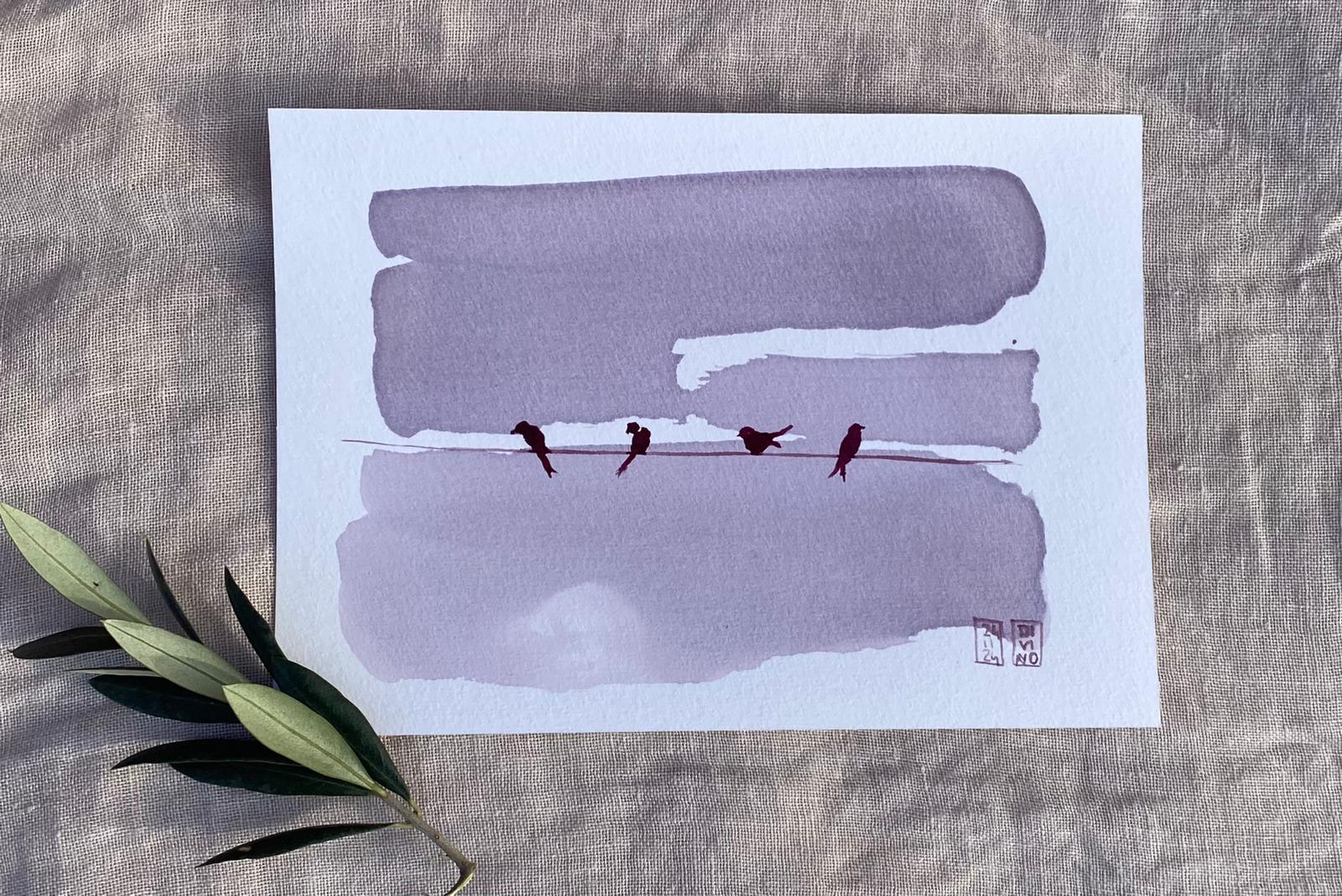 28 Les oiseaux perchés — aquarelle au vin rouge — Art DiVino, La Londe-les-Maures