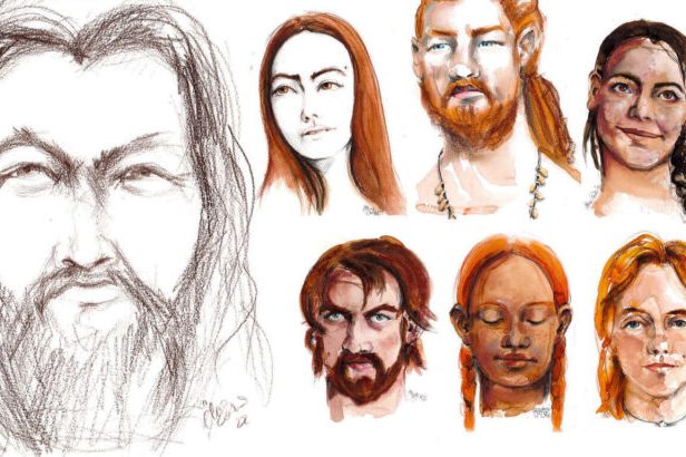 Portraits de visages aux styles variés, incluant des hommes et des femmes de l'époque néolithique.