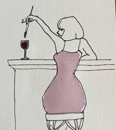 Femme en robe rose à un bar, tenant un pinceau au-dessus d'un verre de vin rouge.