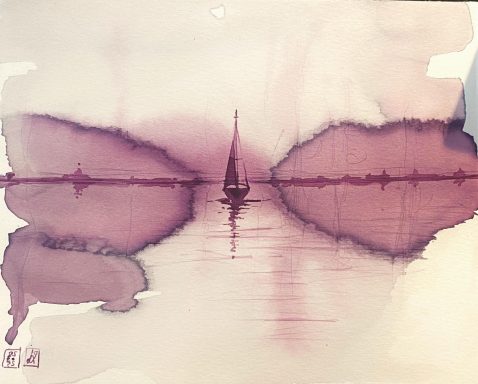 Voilier naviguant sur la mer, peint avec du vin rouge, avec des reflets en nuances de violet.