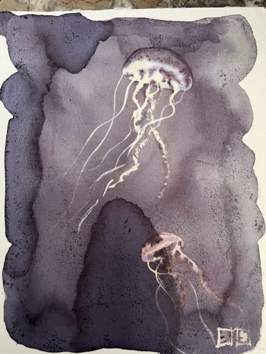 Aquarelle au vin rouge Méduse flottante