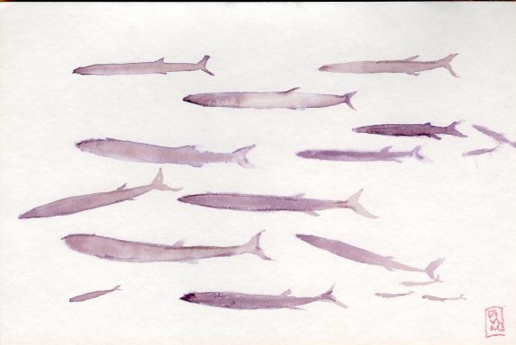 Silhouettes de poissons stylisés aux teintes violettes sur fond clair.