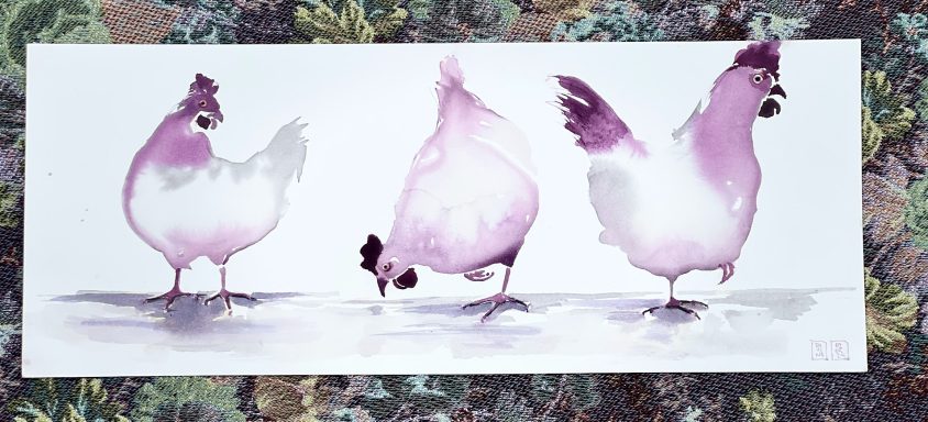 Aquarelle au vin rouge Trois poules roses stylisées au vin rouge.