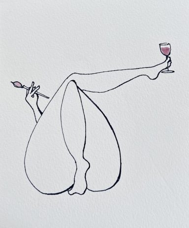 Silhouette d'une femme assise, tenant un verre et une tige, jambes allongées.