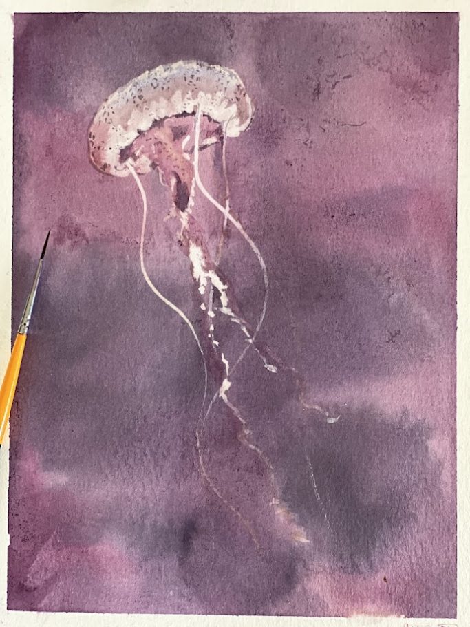 Aquarelle au vin rouge Méduse flottant sur fond violet