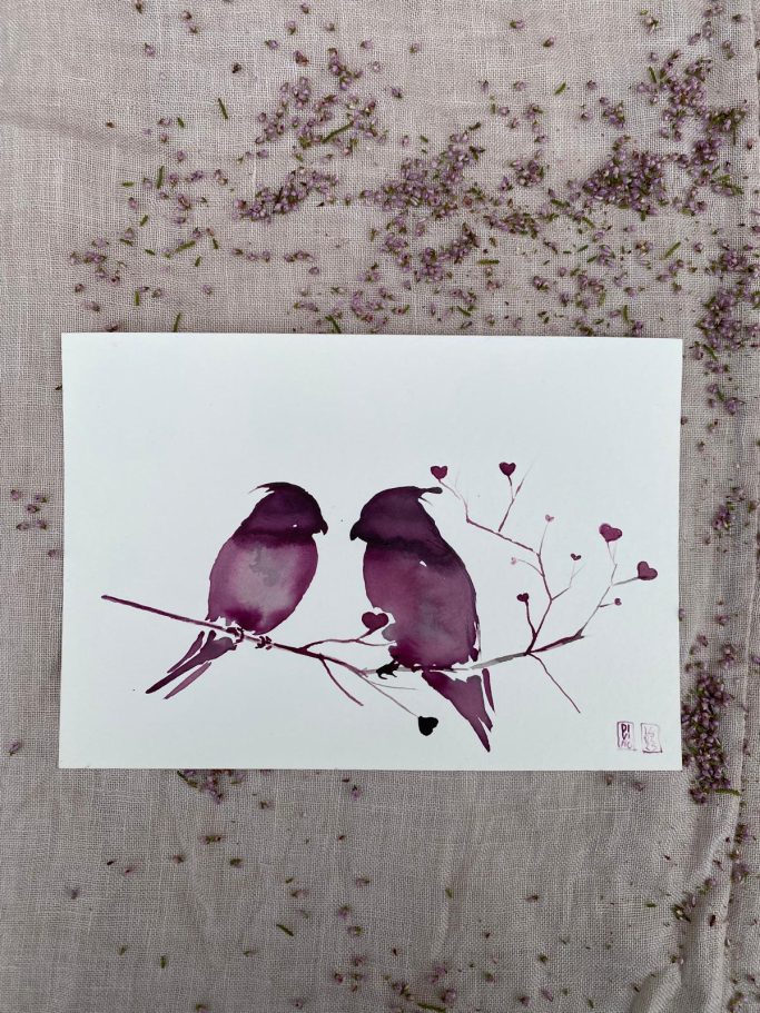 Deux oiseaux roses perchés sur une branche avec des fleurs. (VENDU)