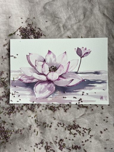 Fleur de lotus rose sur fond clair Aquarelle au vin rouge