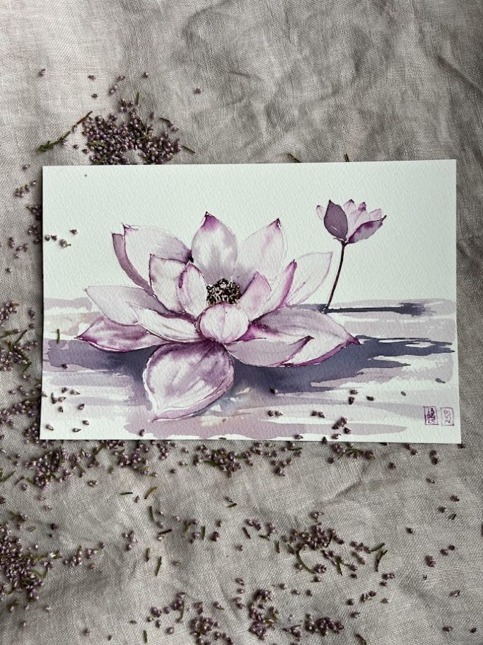 Fleur de lotus rose sur fond clair Aquarelle au vin rouge