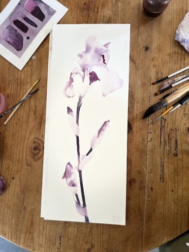 Peinture d'un Iris sur un fond clair, peint au vin rouge.