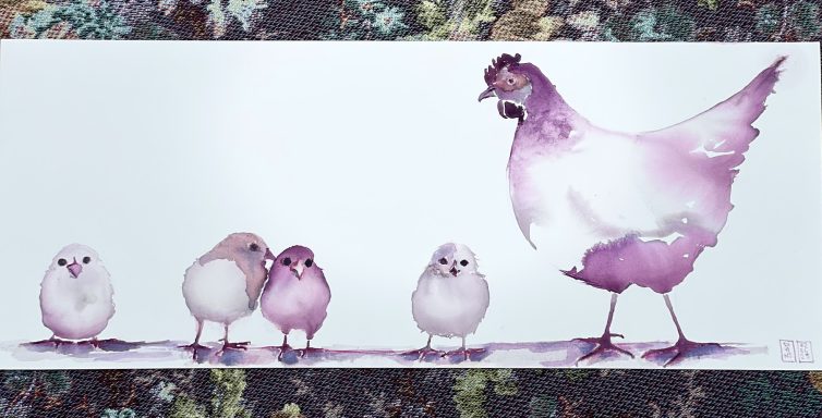 Aquarelle au vin rouge Une poule rose clair avec quatre poussins