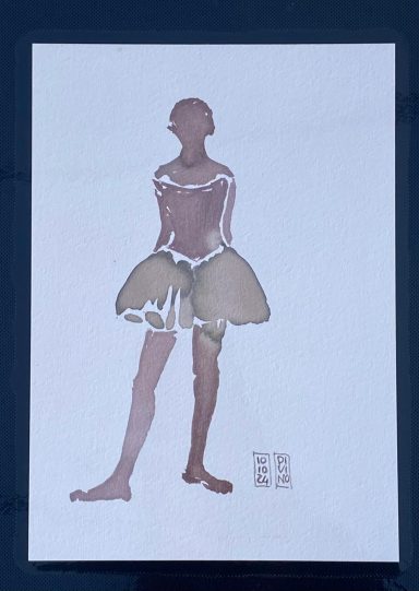 Silhouette d'une danseuse en tutu, stylisée avec des couleurs douces.