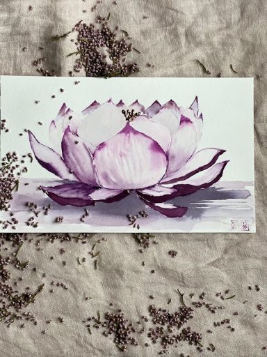 Fleur de lotus rose sur un fond texturé, entourée de pétales et de graines.