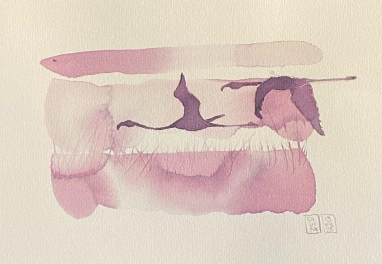 Abstract aquarelle aux nuances de rose et de violet, avec des flamants roses.