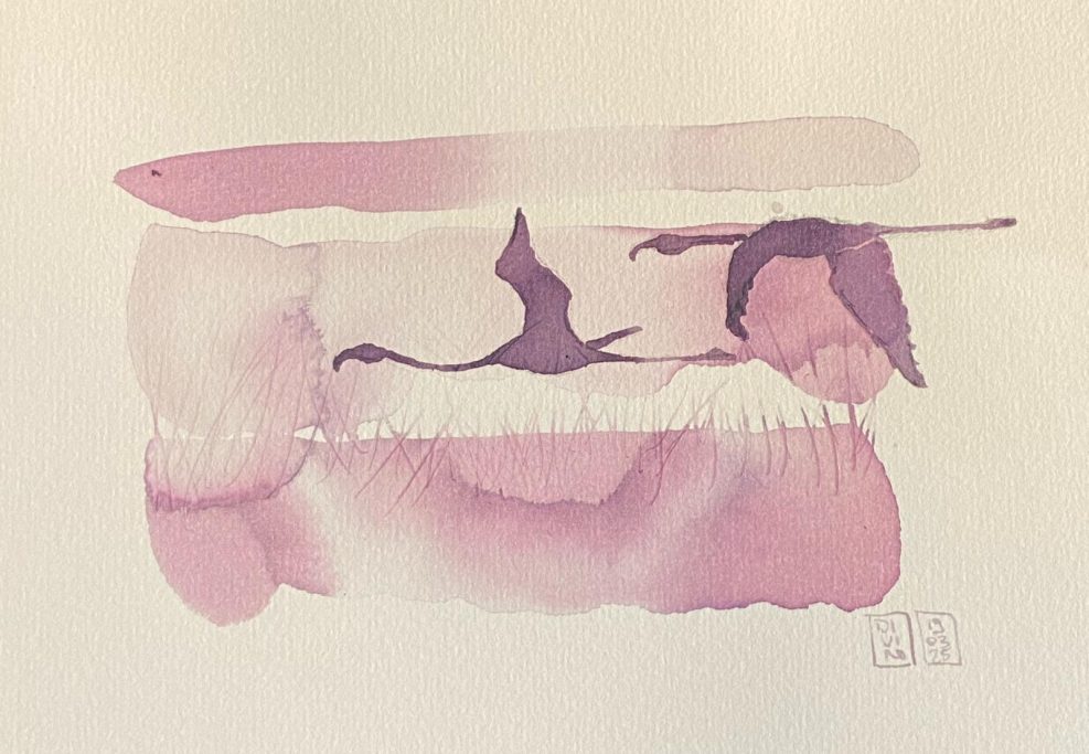 Abstract aquarelle aux nuances de rose et de violet, avec des flamants roses.